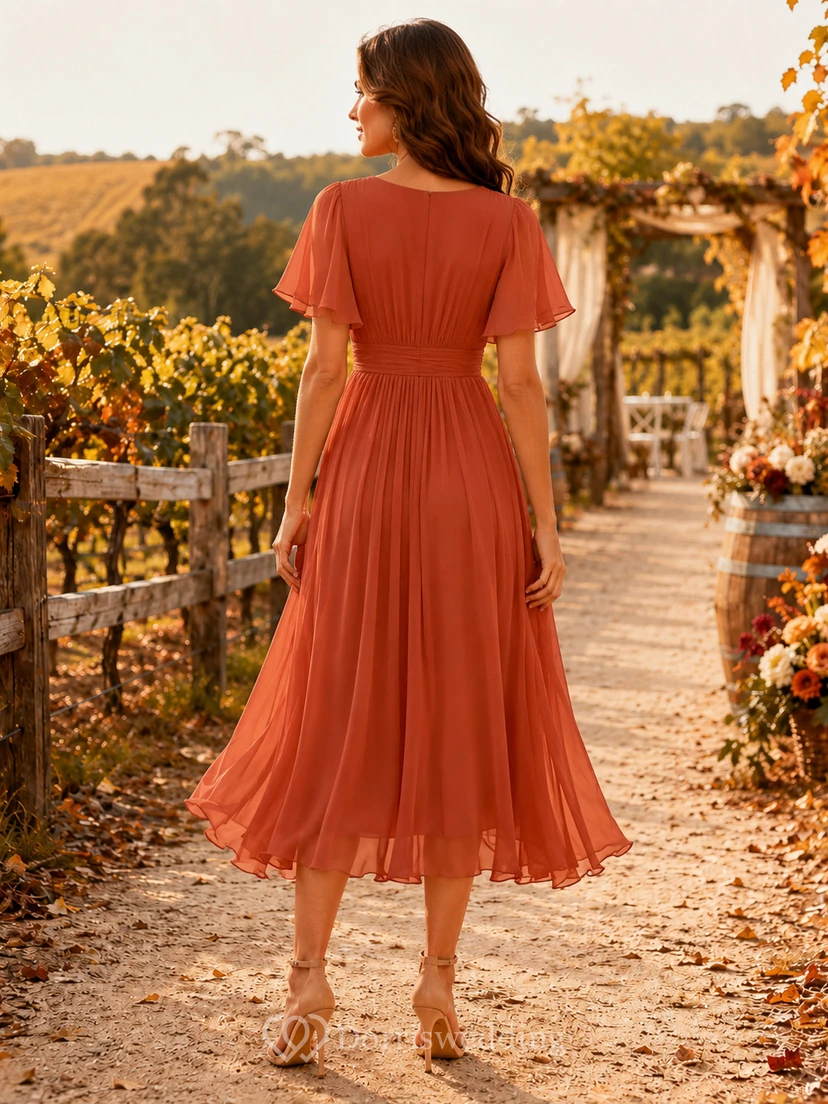 Terracotta V Neck Flutter Sleeve Chiffon Wedding Guest Dress view 2