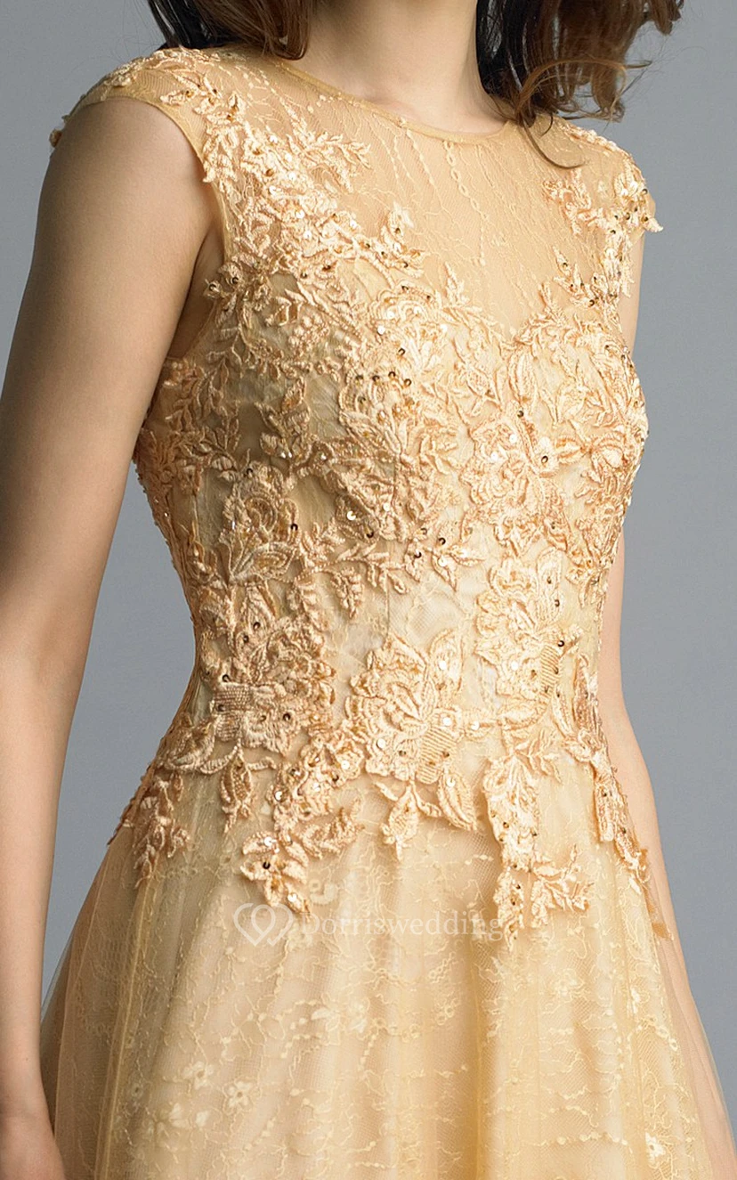 A-line Floor-length High Neck Short Sleeve Lace Illusion Dress view 20
