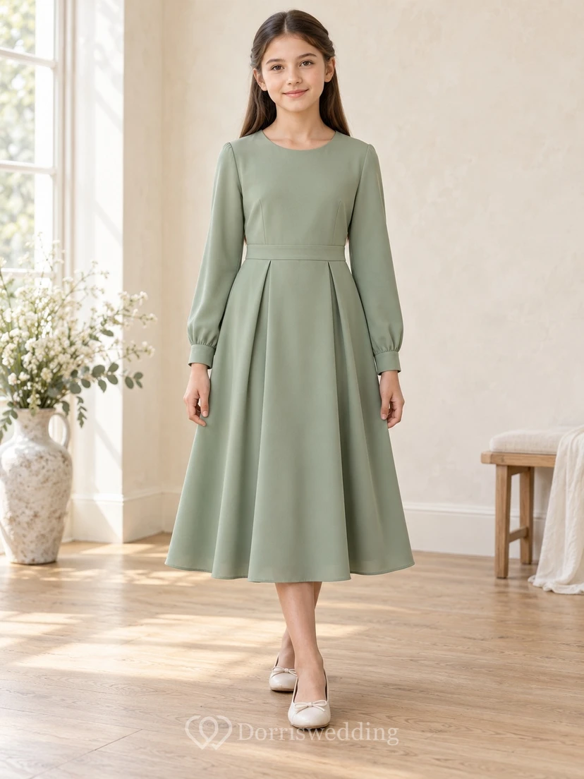 Simple Modest Long Sleeve Tea-length Sage Jewel Darted Button-Cuff Pleated Crepe A-Line Flowergirl Dress