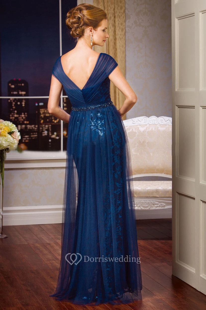 Langes, ärmelloses Brautmutterkleid mit V-Ausschnitt, Pailletten und Tüllüberzug view 2