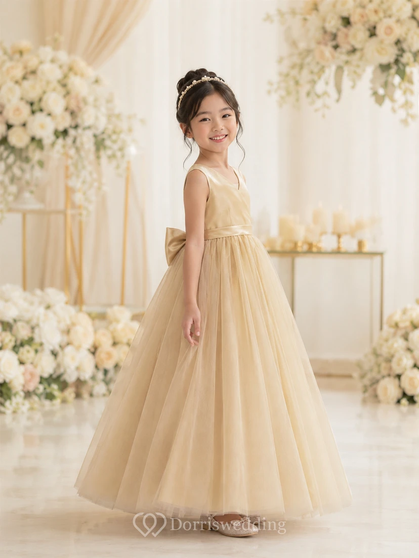 Water Melon V-neck Sleeveless A-line Tulle Pleated Flowergirl Dress view 6