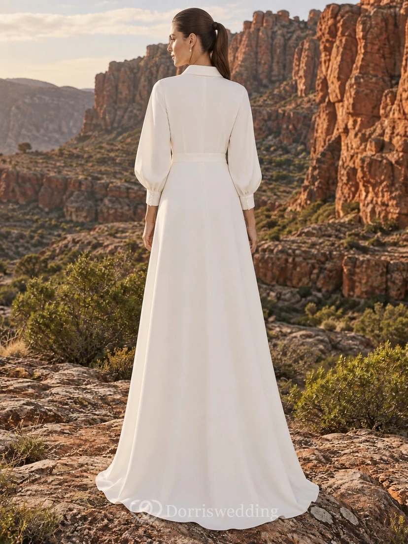 Schlichtes, elegantes Chiffon-Brautkleid mit Kragen, Dreiviertelärmeln und A-Linien-Länge, bodenlang view 2