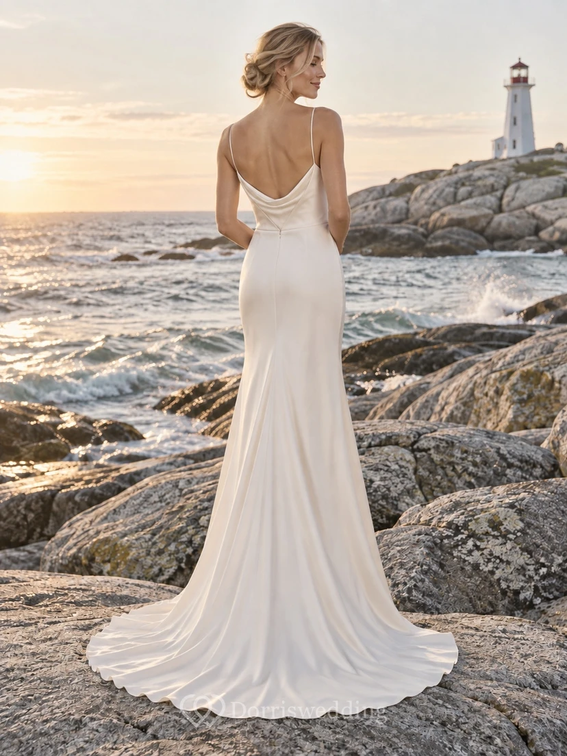 Sencillo vestido de novia de satén con escote drapeado, tirantes finos, espalda baja y cola. view 2