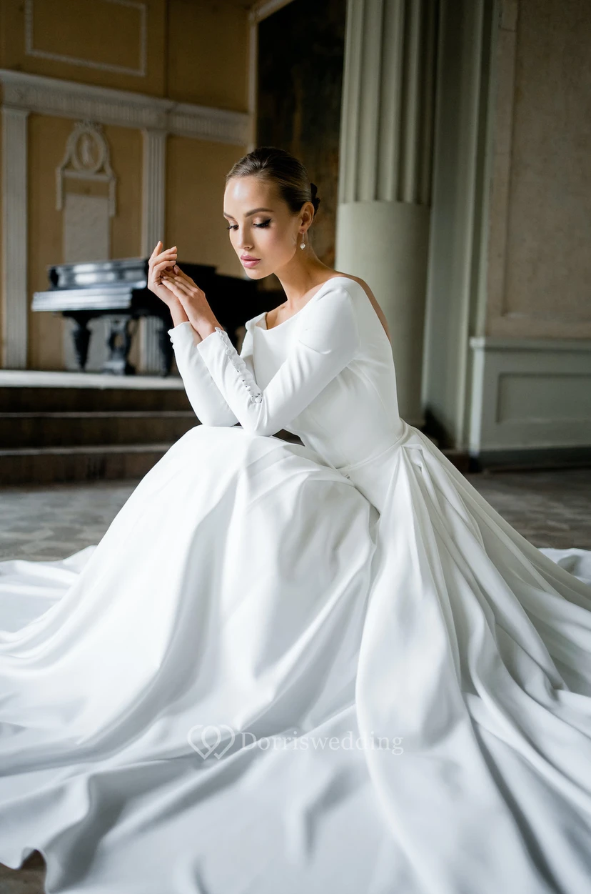 Simple Long Sleeve Satin Crepe Winter Ball Gown Wedding Dress view 5