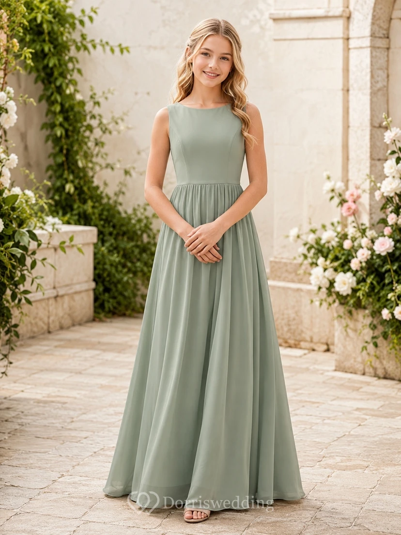 Vestido de dama de honor juvenil color celadón, corte A, escote barco, sin mangas, estilo romántico.