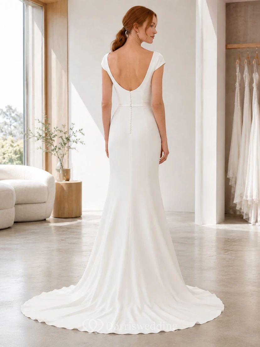 Minimalistisches Brautkleid aus Satin im Meerjungfrauenstil mit U-Boot-Ausschnitt, kurzen Ärmeln und Schleppe view 2