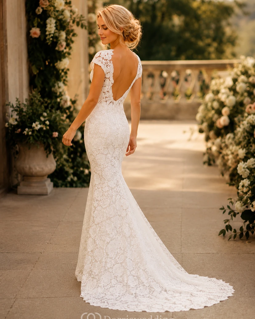 Vintage-Brautkleid im Boho-Stil mit Spitzenspitze und kurzen Ärmeln | Schlichtes Etuikleid im Landhausstil view 6