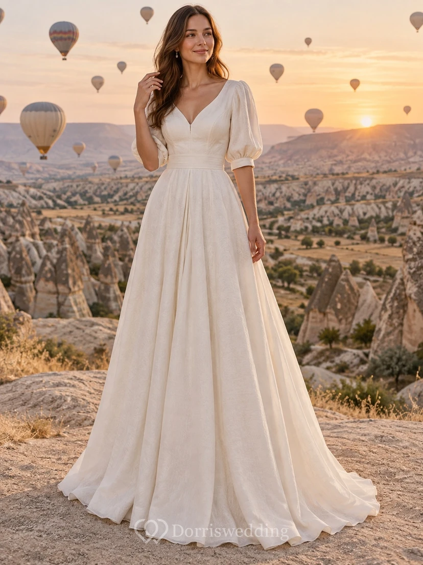 Vestido de novia sencillo de corte A con escote en V y mangas abullonadas.