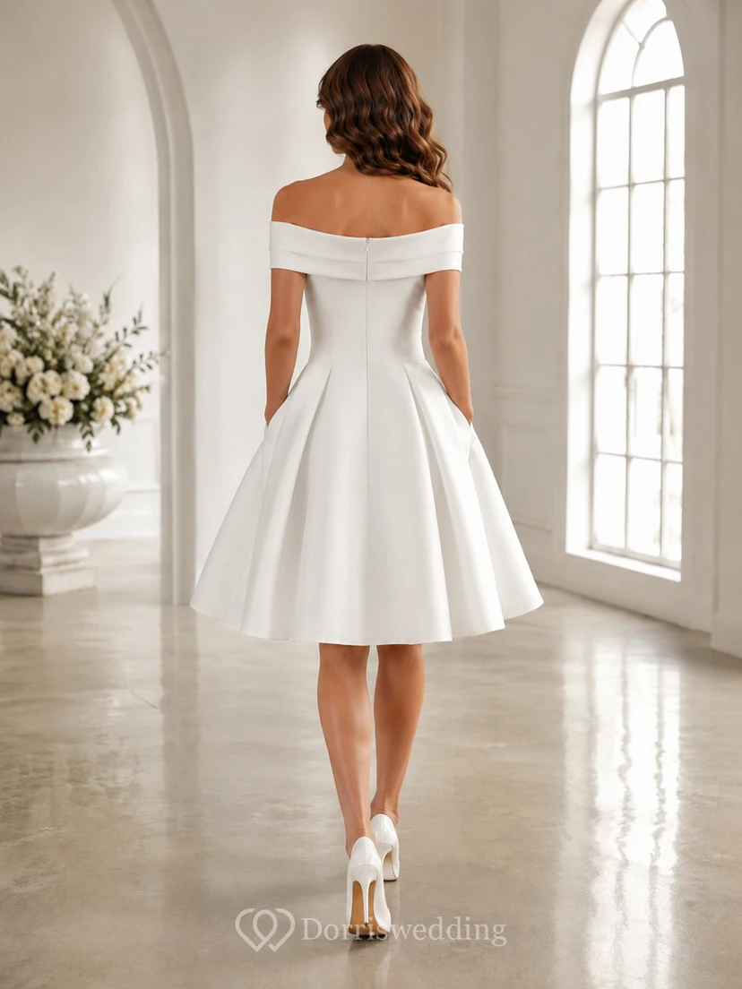 Vintage Off Shoulder Cap Sleeve Satin Fit And Flare Knee Length Wedding Dress view 2