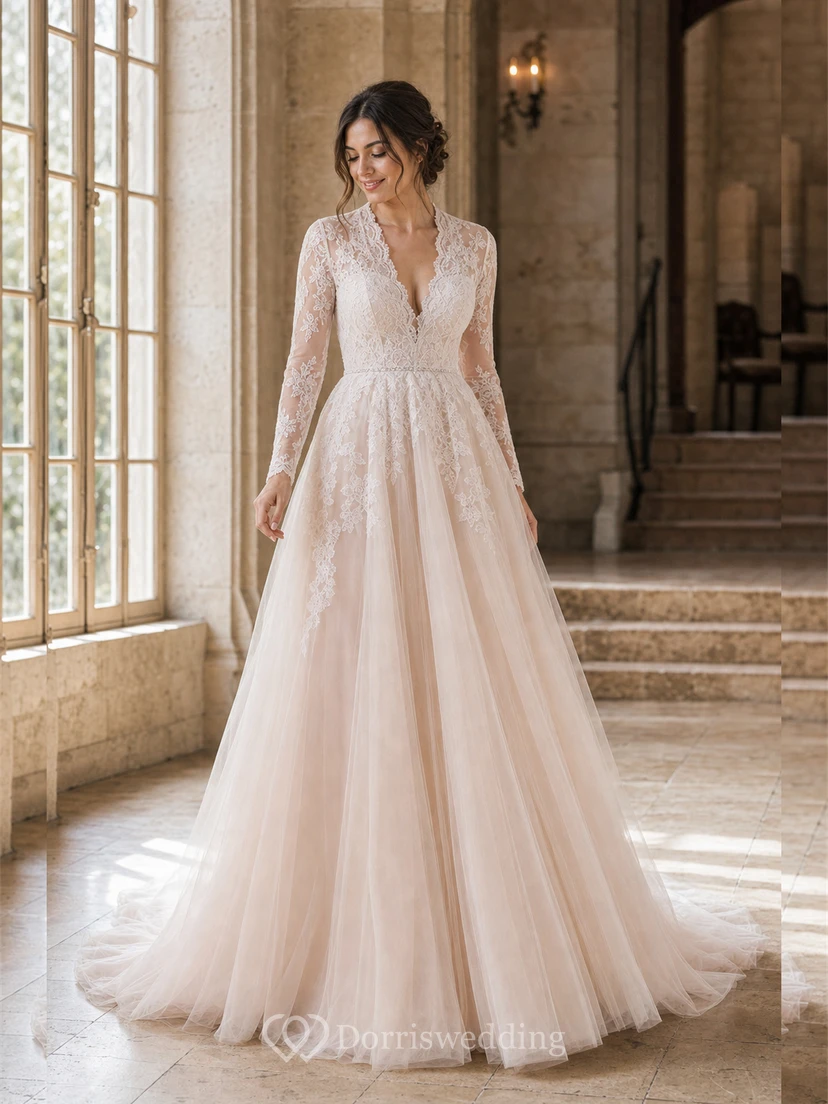 Elegante vestido de novia de corte A, largo hasta el suelo, con cola, mangas largas y apliques. view 7