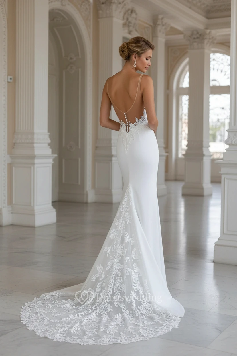 Schlichtes, figurbetontes Meerjungfrauen-Brautkleid mit V-Ausschnitt und kleiner Schleppe view 2