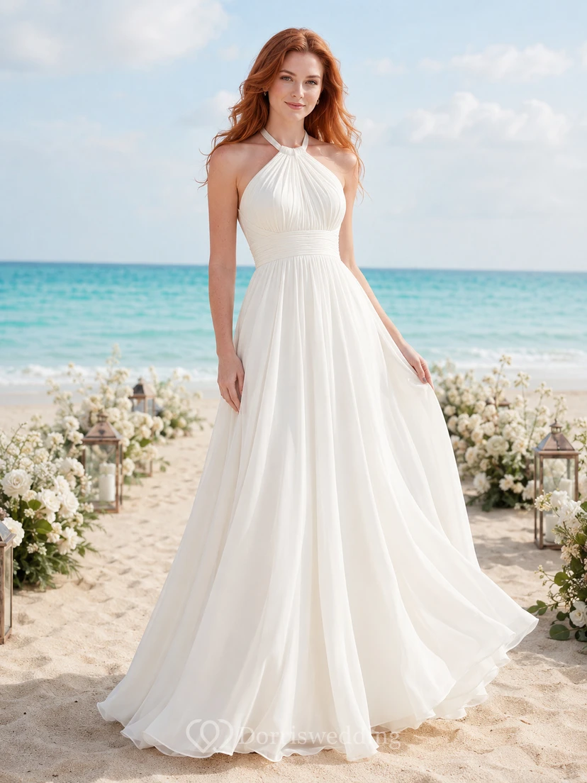 Quick Ship Halter Chiffon Beach A-Line Bridal Gown