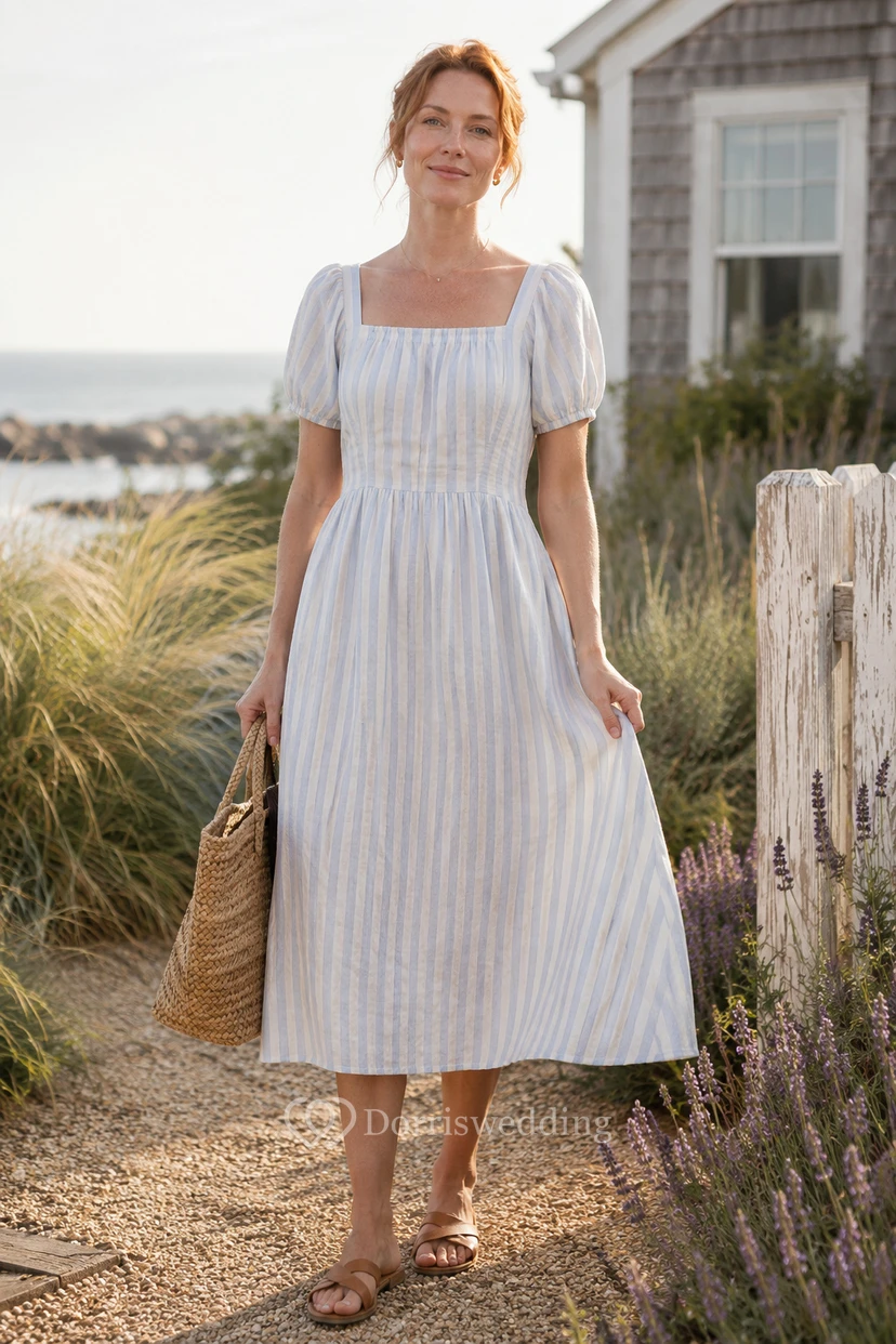Vestido de invitada de boda blanco de gasa, corte en A, escote cuadrado, mangas abullonadas, largo midi.