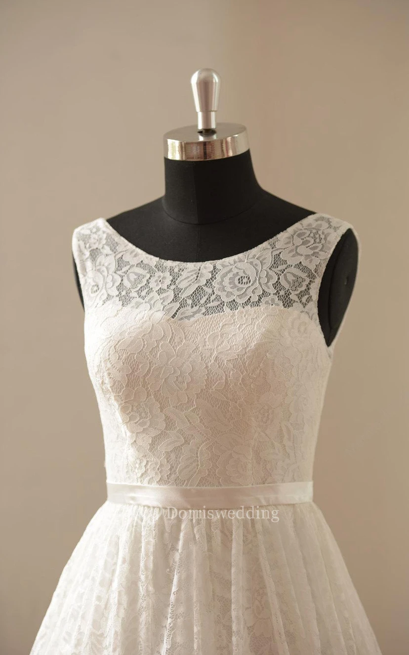 Tea Length A-Line Sleeveless Lace Short Bridal Dress With Bateau Neck and Satin Waistbelt view 2