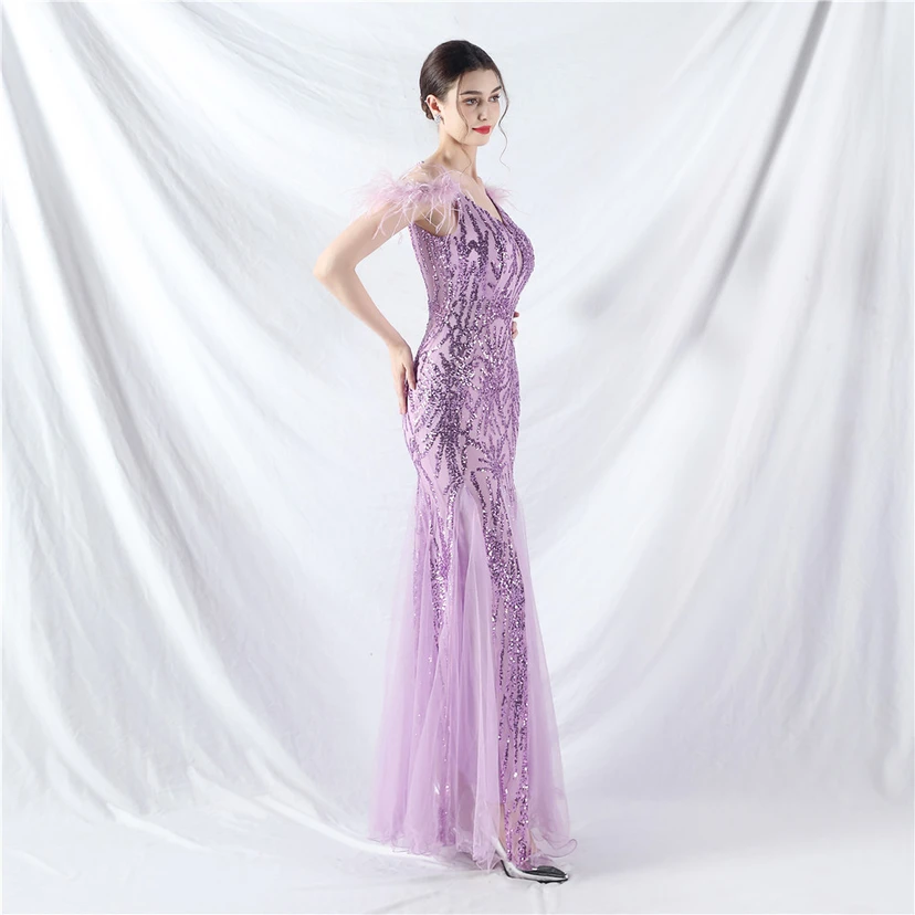 9-farbiges, handgefertigtes Abendkleid aus Kamelfedern, Netzstoff und Pailletten, sexy Trägern view 54
