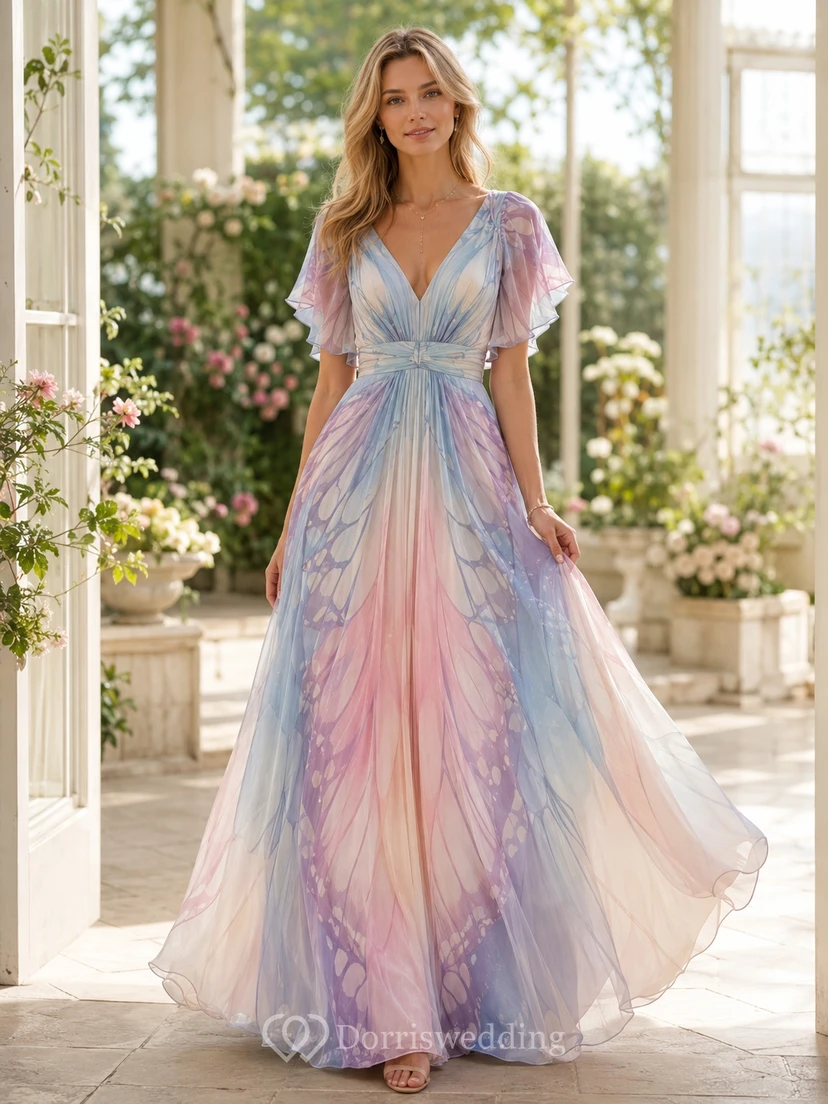 Pastel Butterfly Wing Print V-Neck Puff Sleeve A-Line Maxi Dress