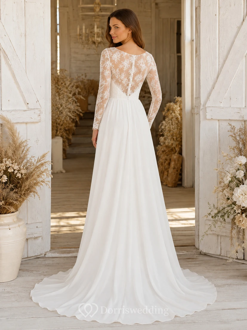 Bohemian Lace Chiffon Wedding A Line V Neck Long Sleeves Sweep Train view 2