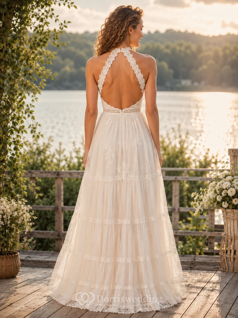 Summer Halter High Neck Crochet Lace Tiered High Low Boho Wedding Dress view 2