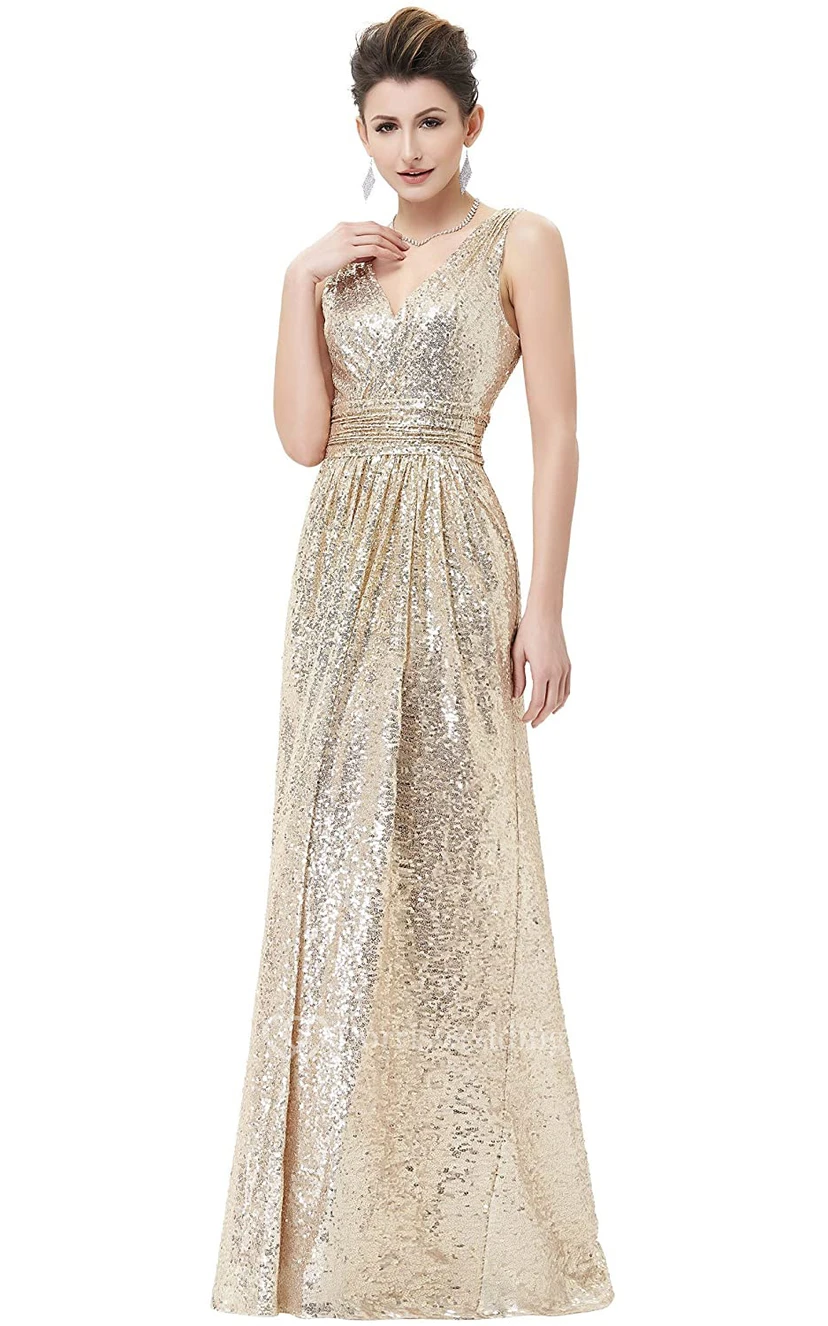 V-neck A Line Sleeveless Floor-length Sequins Bridesmaid Dress With Ruching view 8