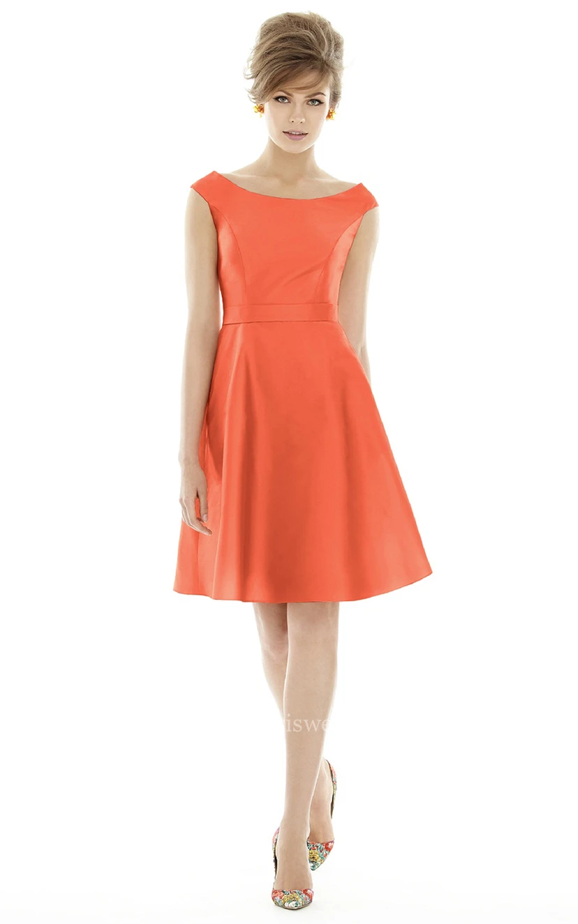 Graceful A-Line Bateau Satin Dress with Waistband and Pleats view 3