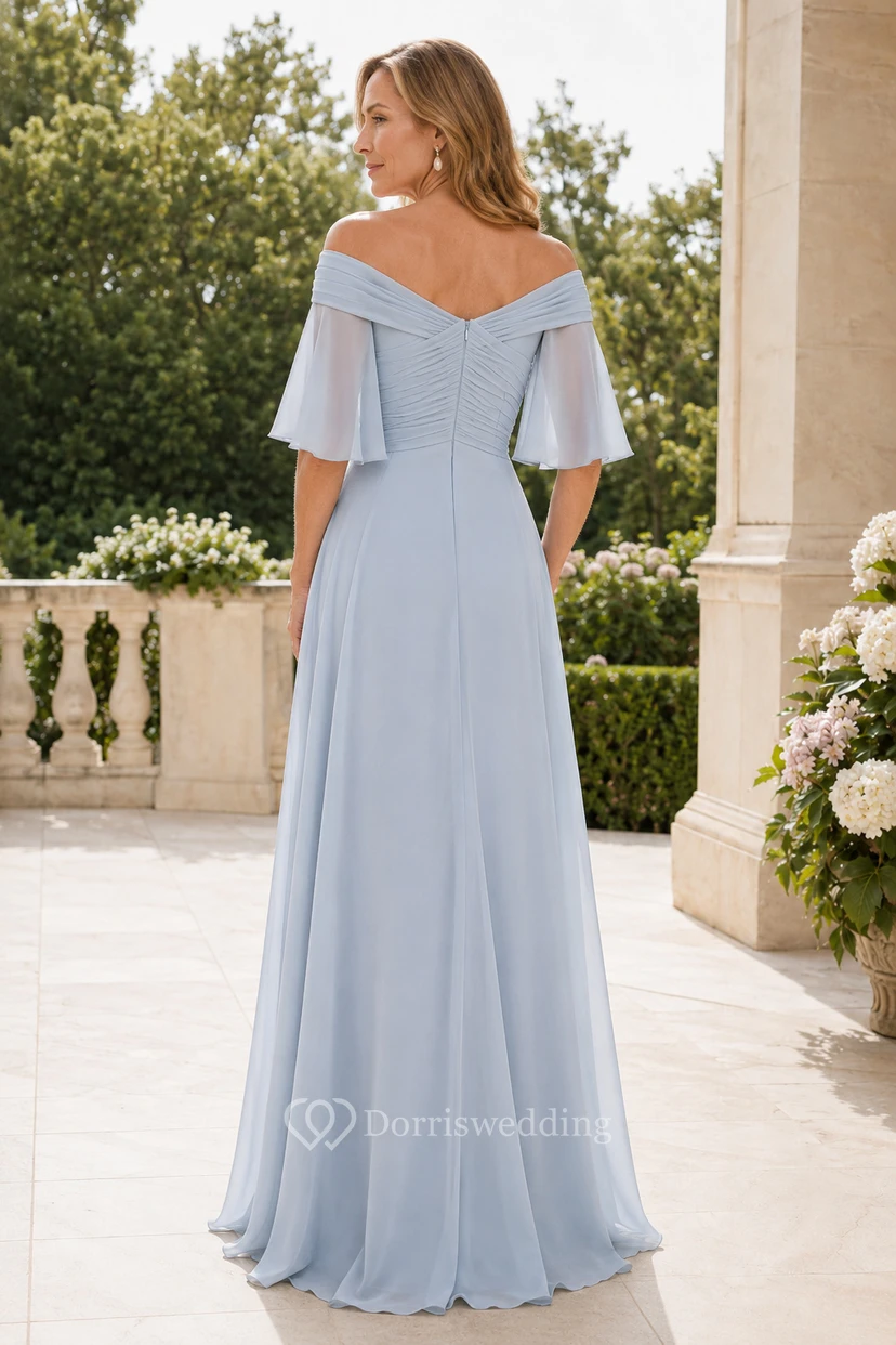Himmelblaues schulterfreies Chiffon-Kleid in A-Linie mit flatternden Ärmeln view 2