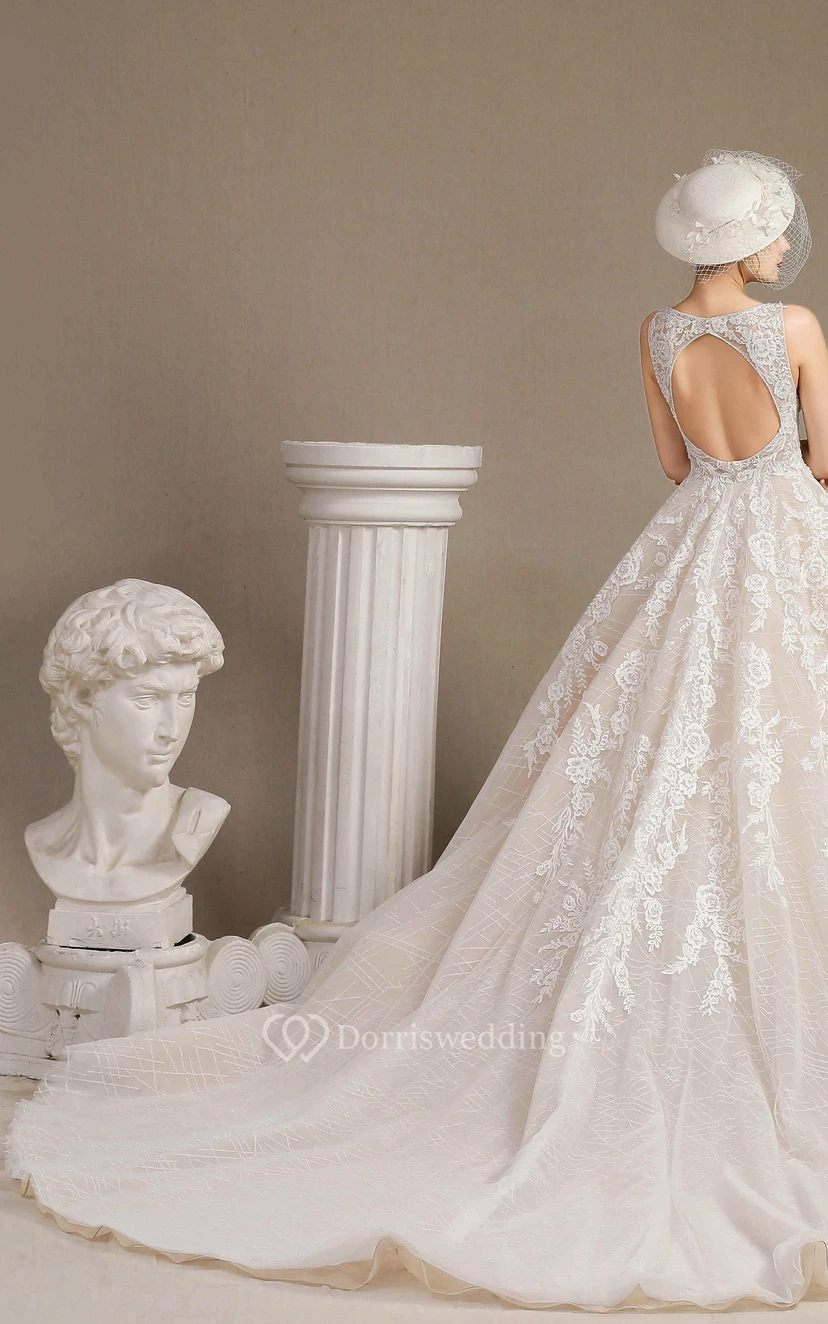Vintage Plunging V-neck Keyhole Sleeveless Ballgown A Line Wedding Dress With Lace Appliques And Ruching view 4