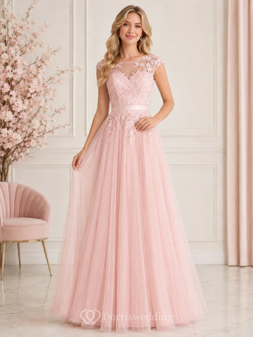 Blush Bateau Illusion Short-Sleeve Floral Lace Tulle A-Line Floor-Length Modest Formal Prom Dress