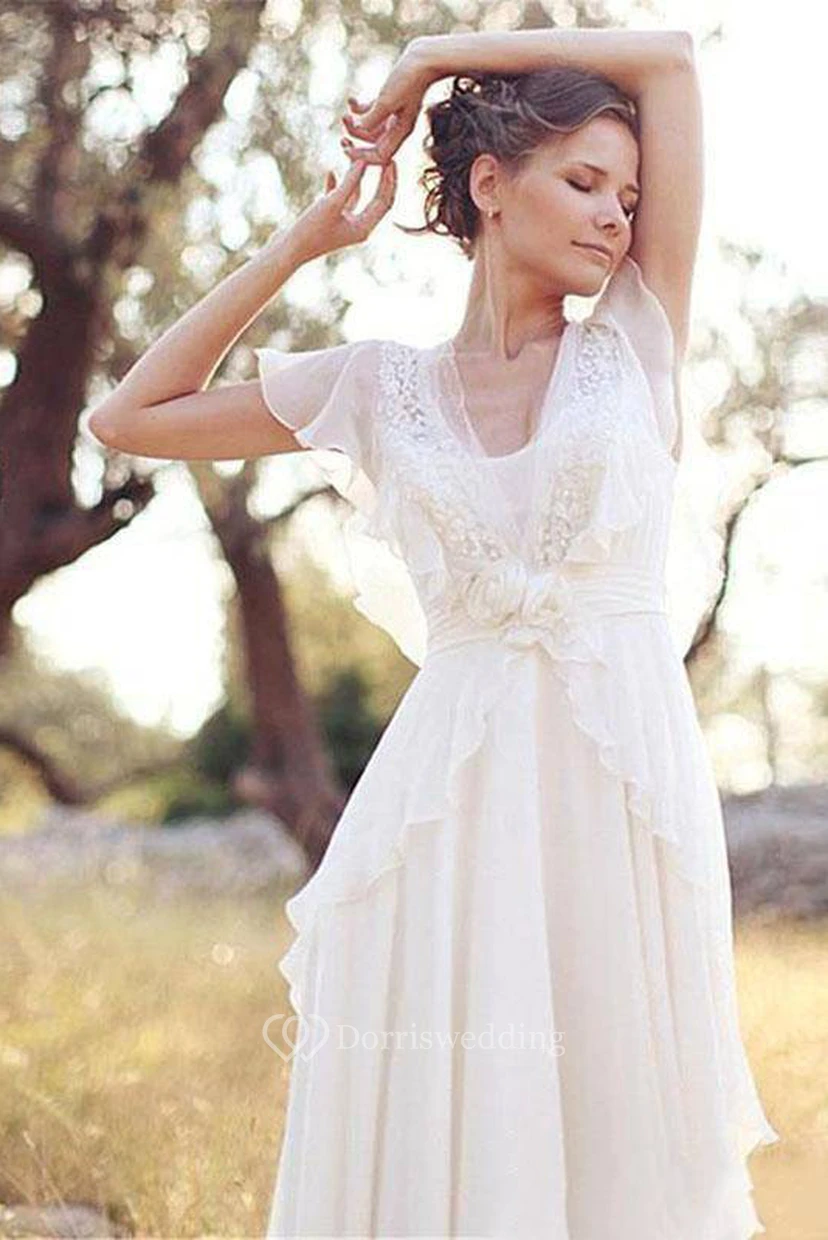 Brautkleid aus Chiffon mit böhmischer Perlenstickerei, tiefem V-Ausschnitt, rückenfreiem Design, Blumenstickerei, transparenten Ärmeln und Falten im Boho-Stil view 2