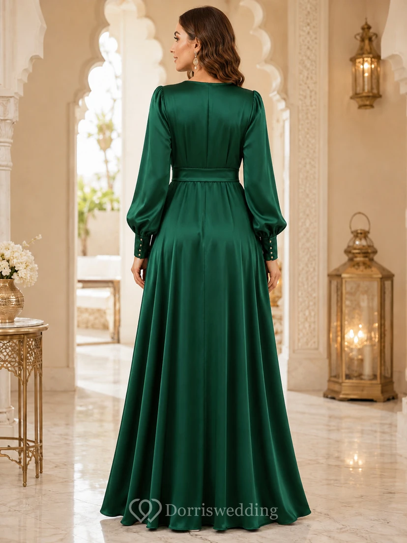 Dunkelgrünes, bodenlanges Eid-Kleid aus Satin mit V-Ausschnitt, langen Ballonärmeln, Perlenbesatz an der Taille und A-Linien-Schnitt. view 2