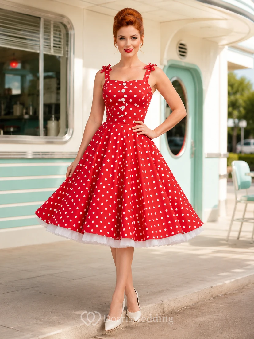 Robe de bal vintage rouge à pois, col carré, épaules nouées, satin, longueur thé
