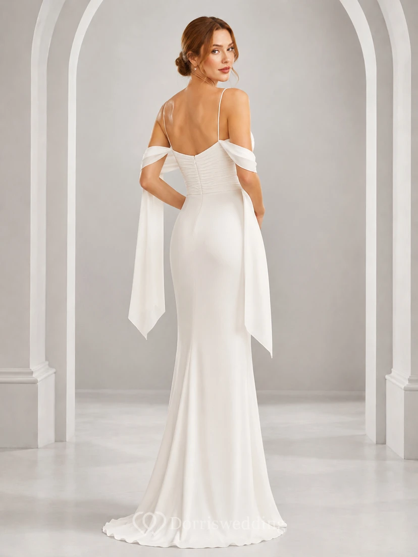 Simple off shoulder satin sheath bridal dress with draped sleeves view 2