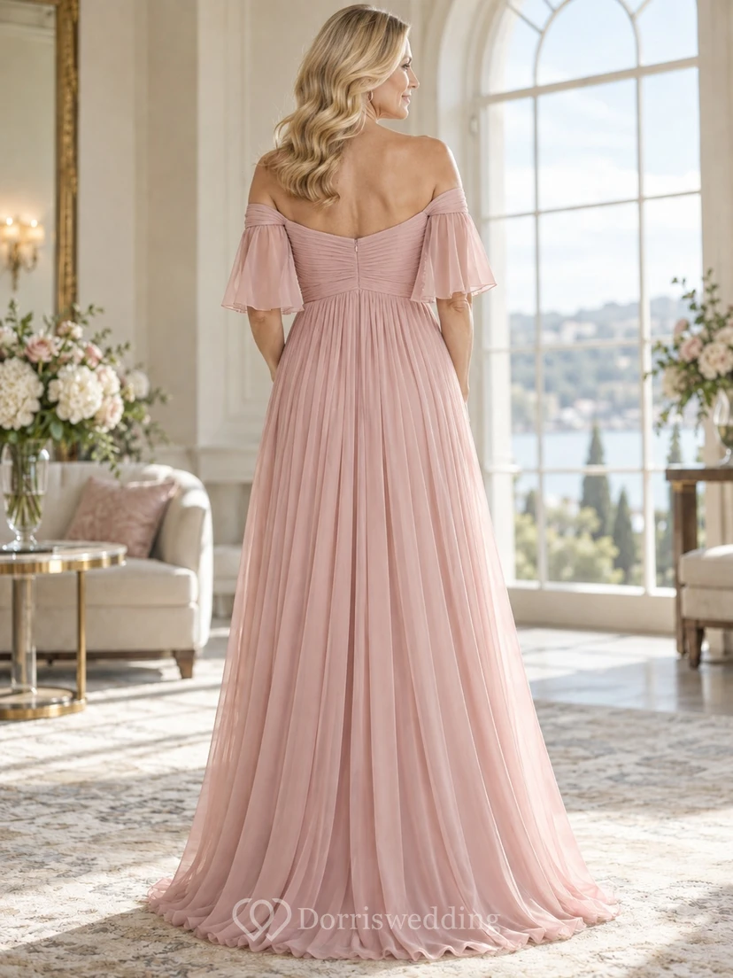 Second Wedding Blush Pink Off-the-Shoulder Empire Waist Pleated Chiffon Floor Length A-Line Dress view 2