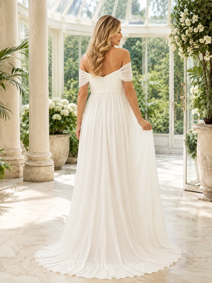 Maternity Off Shoulder White A-Line Chiffon Floor Length Gown view 2
