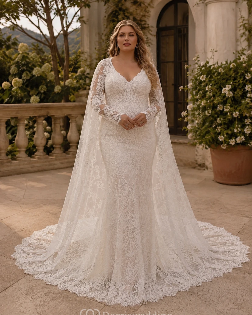 Boho Lace Illusion Flowy Sheath Cape Wedding Dress view 3