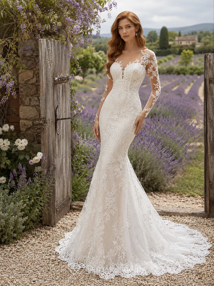 Vestido de novia de encaje estilo sirena con escote corazón, mangas largas, cola larga y espalda en V baja.