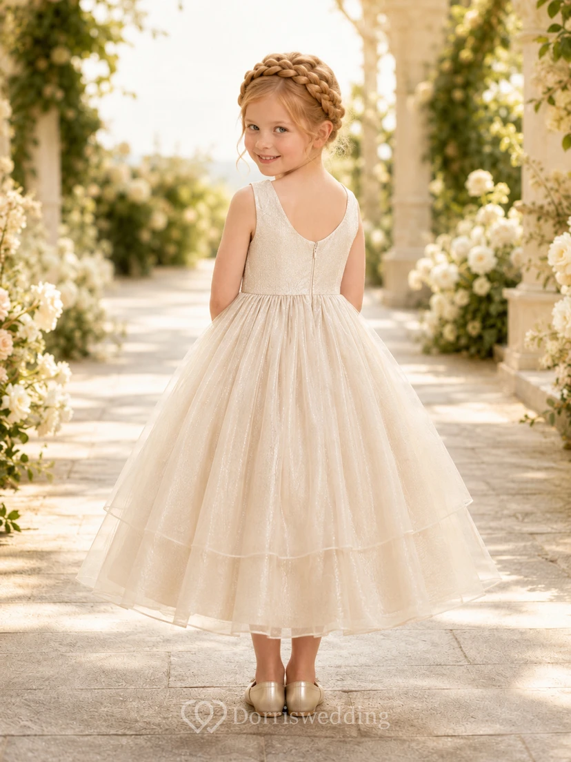 Champagne Elegant A-Line Organza Flower Girl Dress Sleeveless Scoop Neck Floor-Length Soft Layers view 2