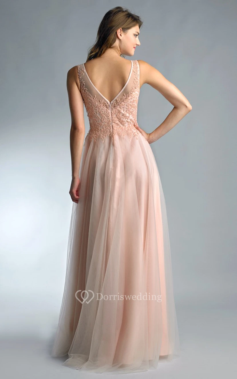 A-line Floor-length High Neck Sleeveless Tulle Low-V Back Dress view 2