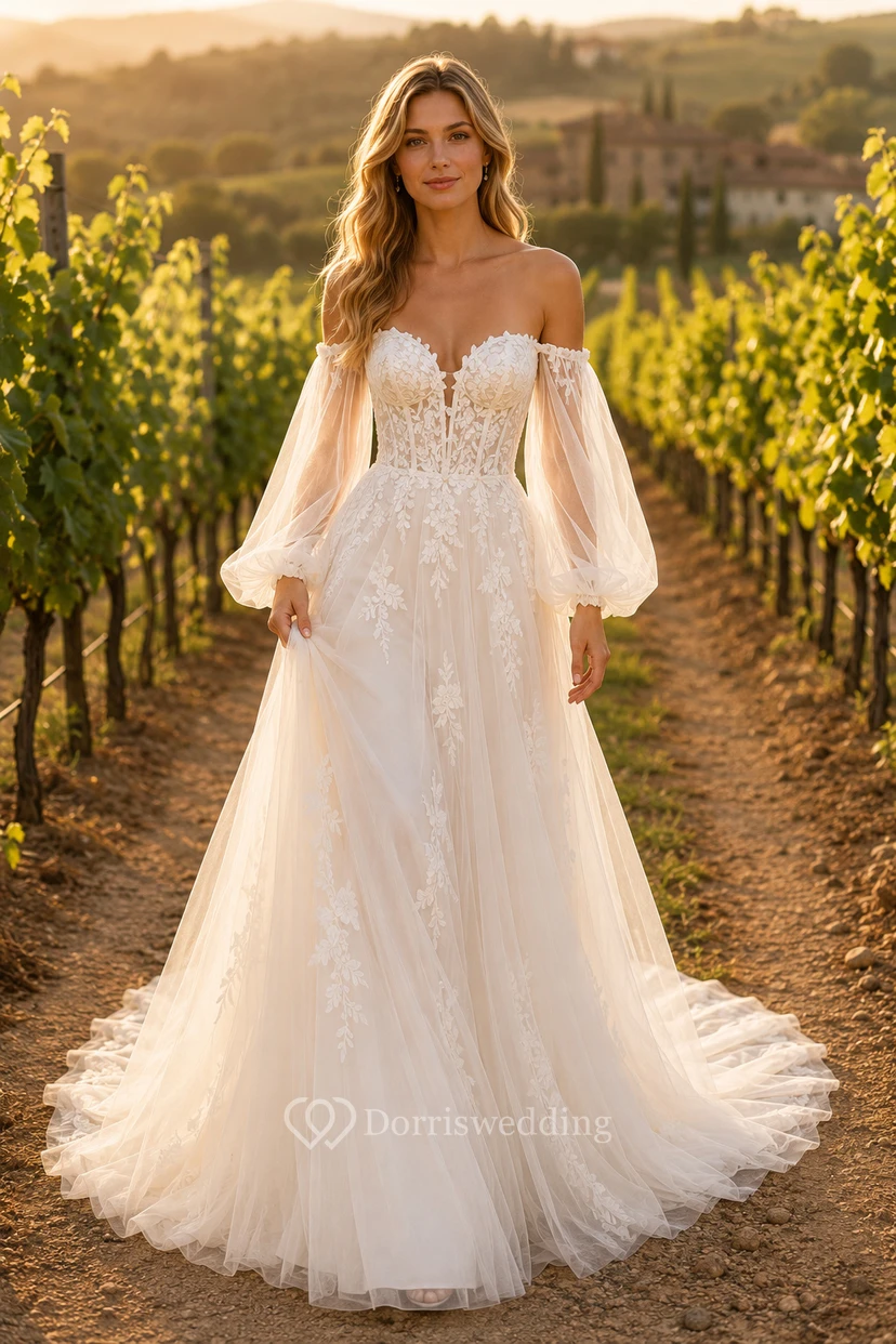 Off-the-Shoulder Puff Sleeve A-Line Wedding Dress
