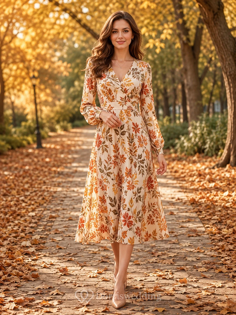 V Neck Autumn Leaf Print Long Sleeve Midi Dress
