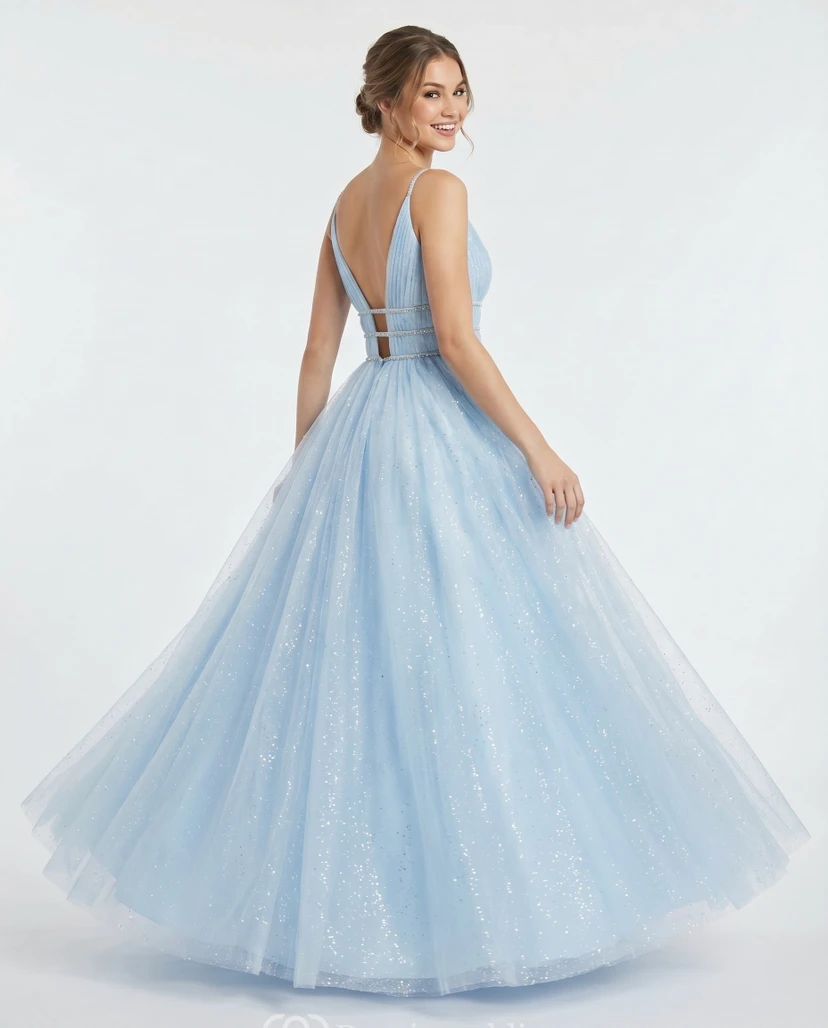 Himmelblaues, glitzerndes Tüll-Ballkleid in A-Linie mit V-Ausschnitt und perlenbesetzter Taille view 2