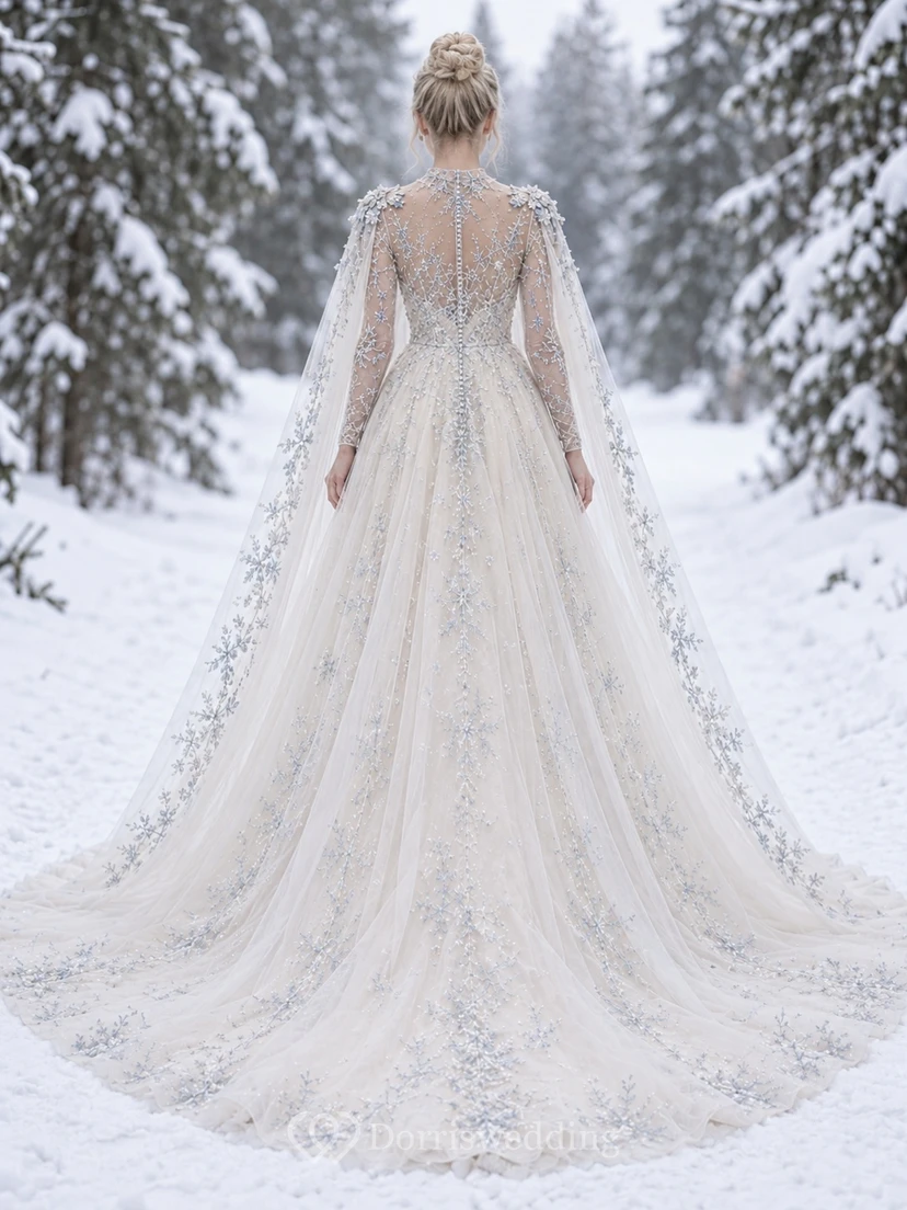 Vestido de novia de corte A con cuello alto, manga larga, color azul invierno y capa bordada con copos de nieve view 2