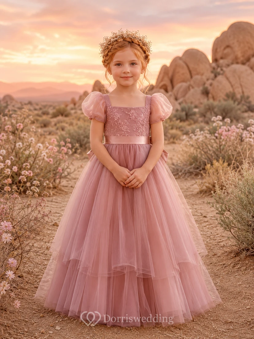 A-Line Flowergirl Lace Tulle Floor-Length Puff Sleeve Desert Elopement Wedding Dress with Tiered Skirt