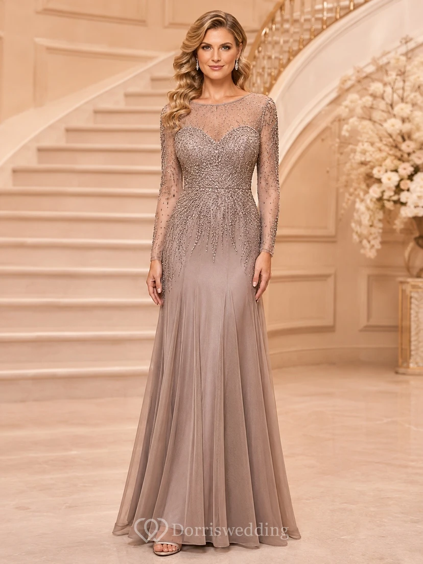 Taupe Lace Jewel Neck Long Sleeve Mermaid Sweep Train Formal Dress