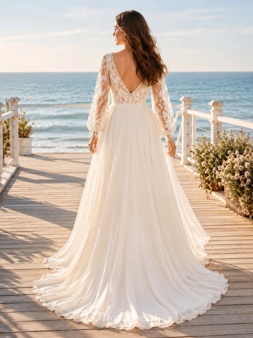 Robe de mariée de plage en mousseline fluide, col en V, manches cloche longues en dentelle, coupe trapèze, col A, manches longues en dentelle. view 2