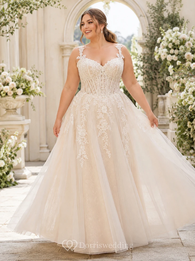 Robe de mariée en tulle à col en V avec application de dentelle et d'appliques, style bal