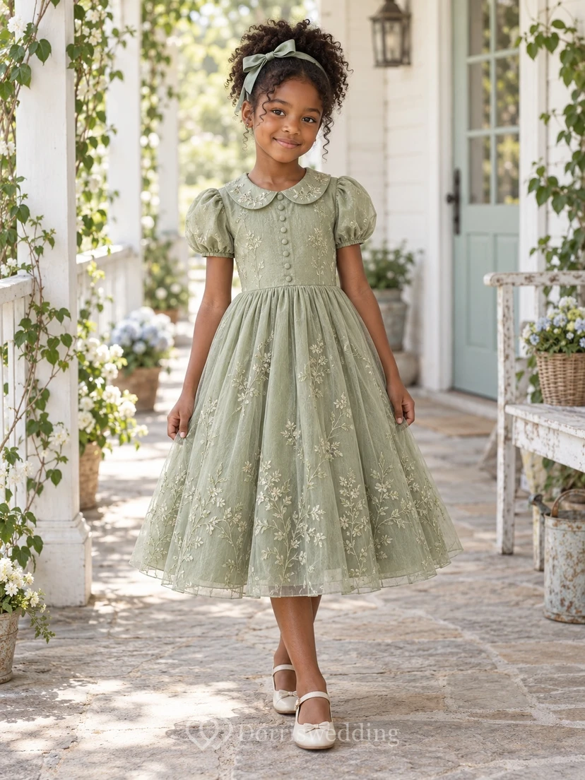 Tea-length Vintage Sage Floral A-Line Tulle Puff-Sleeve Peter-Pan-Collar Flowergirl Dress
