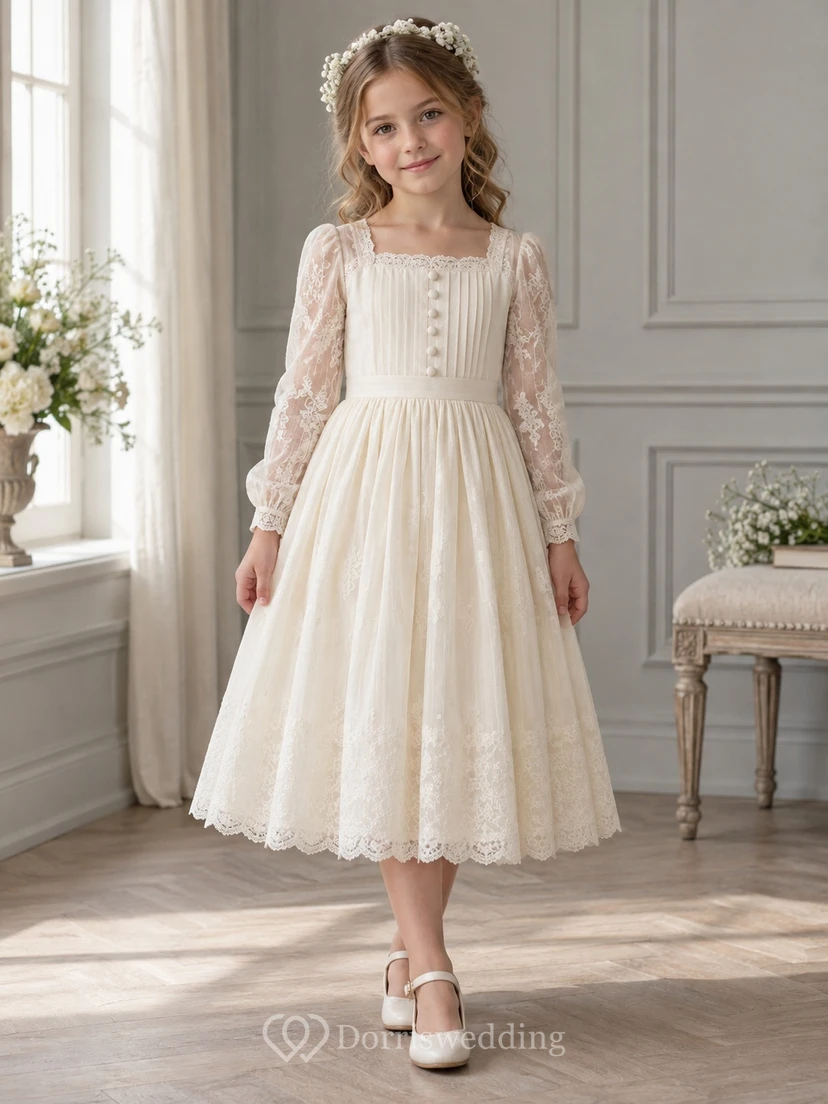 Vestido de niña de flores de manga larga, cuello cuadrado, largo hasta la rodilla, color marfil, estampado floral, corte en A, encaje, con botones delanteros.