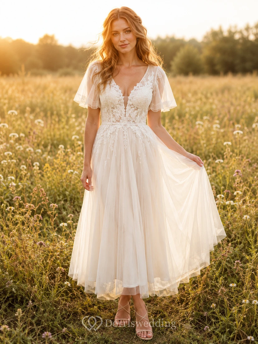 Boho Lace Tulle Wedding Dress A-Line V-Neck Short Sleeve Tea Length Bridal Gown