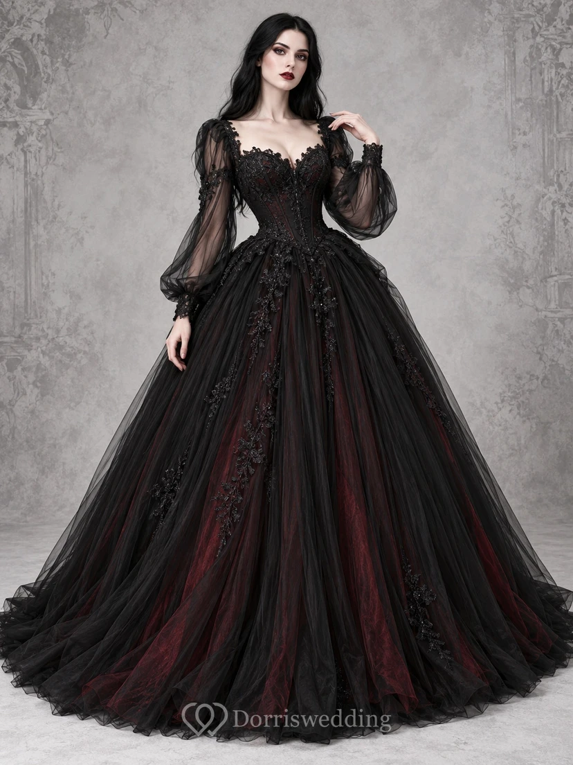 Robe de bal gothique noire à décolleté cœur et manches longues style poète