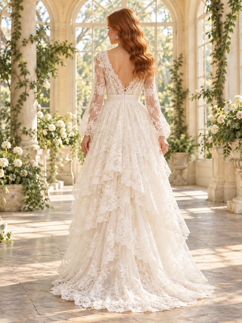 Boho High-low Long Bell Sleeve V-neck Lace A-line Wedding Dress view 2